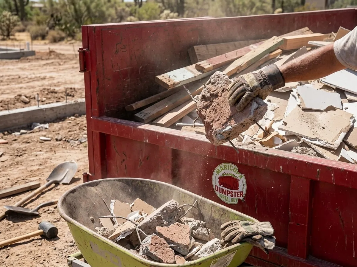 Close-up of masonry rubble being loaded into a roll-off container by hand