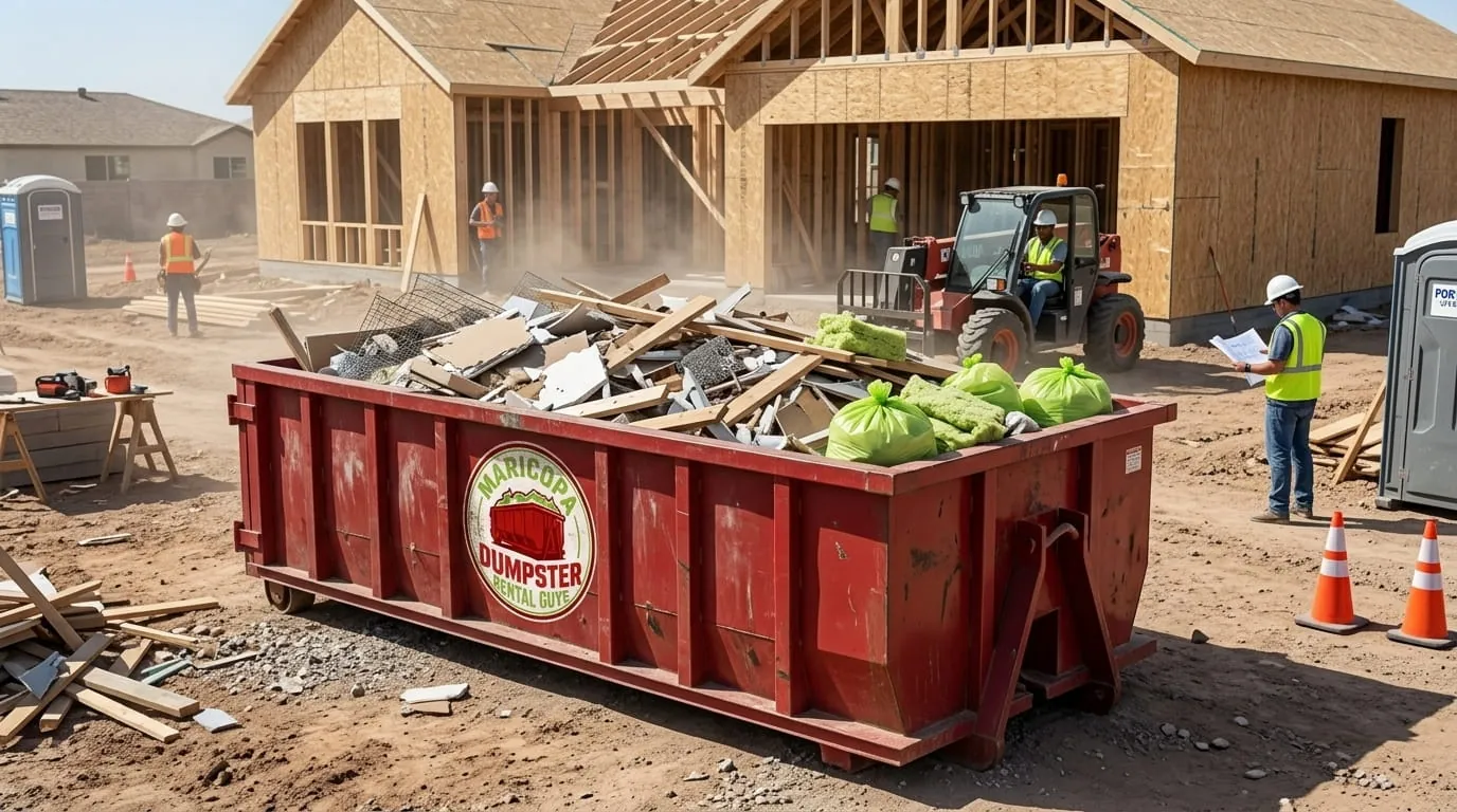 Roll-off container of construction debris at a framing site in Maricopa, Arizona