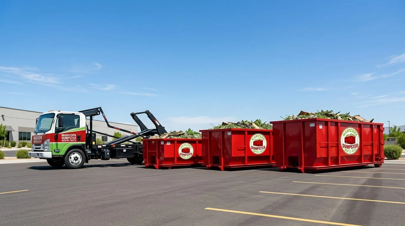 Roll-off truck and a row of containers at the Maricopa Dumpster Rental Guys yard