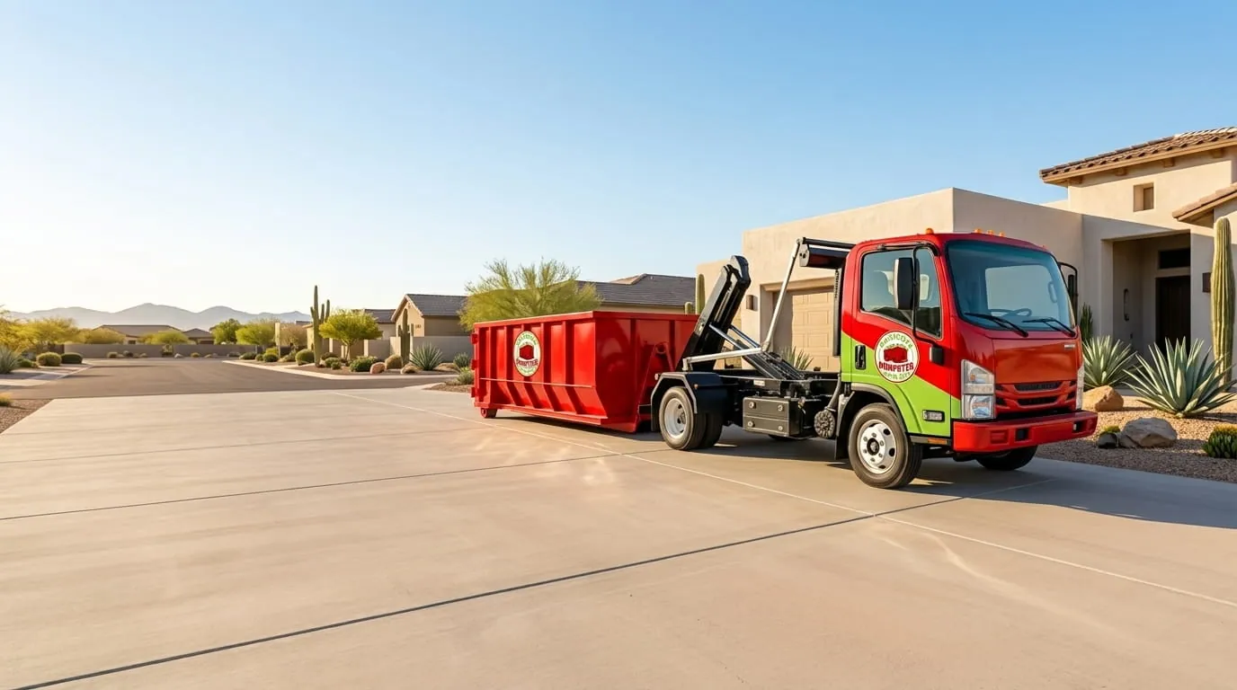 Roll-off truck delivering a container to a Maricopa, Arizona home with desert mountains behind