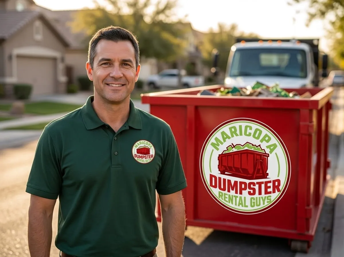 The Maricopa Dumpster Rental Guys crew standing beside a roll-off truck and red dumpster in Maricopa, AZ The Maricopa Dumpster Rental Guys crew standing beside a roll-off truck and red dumpster in Maricopa, AZ