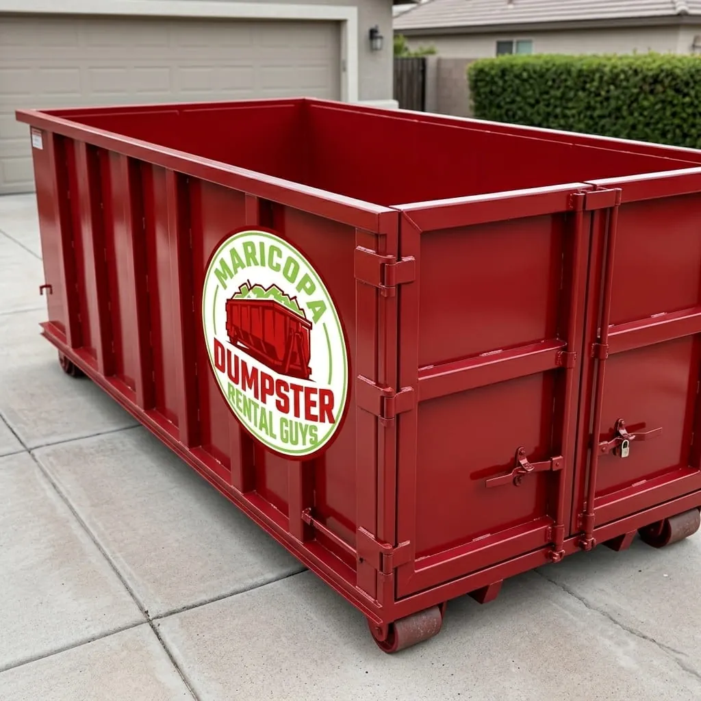 Roll-off container with the rear door open at the Maricopa Dumpster Rental Guys yard