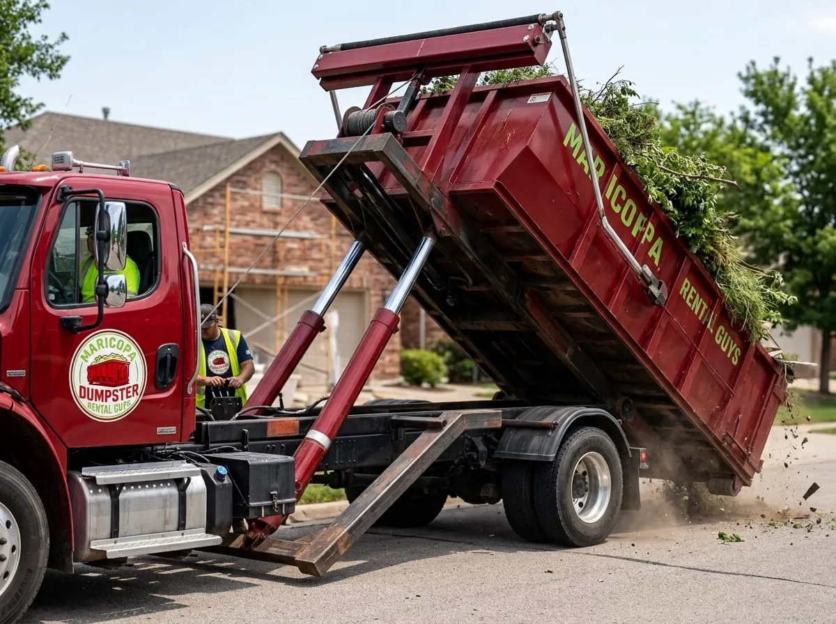 Maricopa Dumpster Rental Guys roll-off truck delivering a dumpster on a street in Maricopa, AZ Maricopa Dumpster Rental Guys roll-off truck delivering a dumpster on a street in Maricopa, AZ