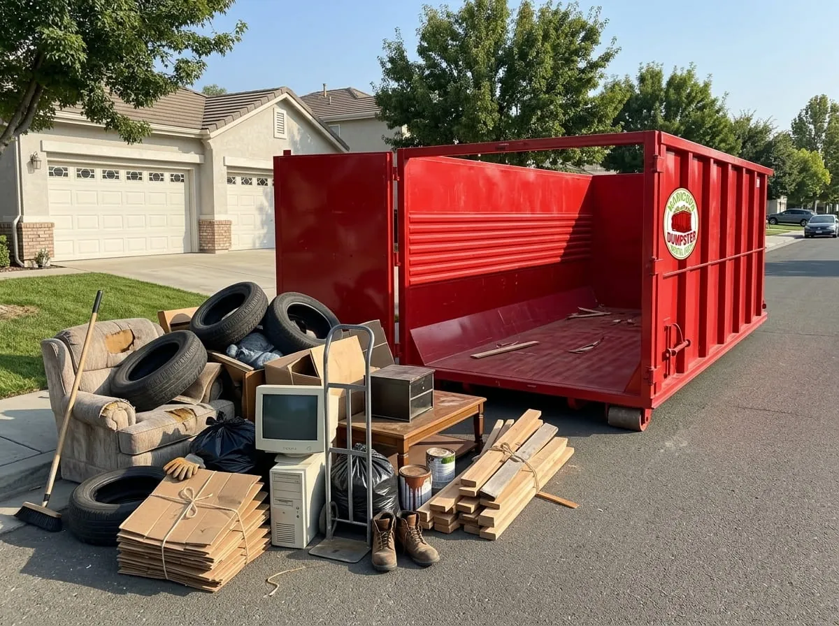 Roll-off container beside a bulky household clearance pile in Maricopa, Arizona